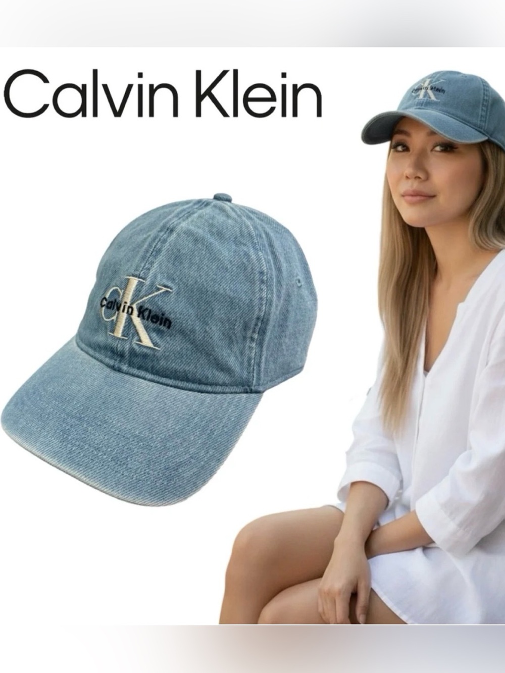 Calvin Klein Jeans Washed Blue Denim Cap with Embroidered Logo - Picture 10 of 10